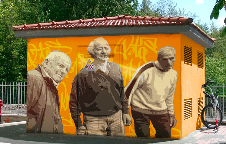 Opera Murales di Goran Castellotti su una cabina dell'Enel raffigurante dei signori che guardano